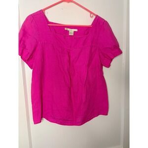 Tweeds Womens Hot Pink 100% Linen Square Neck Puff Sleeve Blouse Top Size M